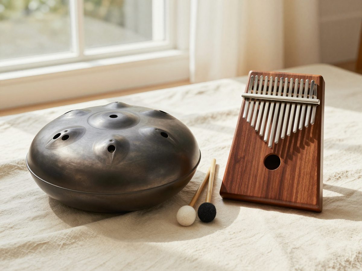 A steel tongue drum and a walnut kalimba on cream linen